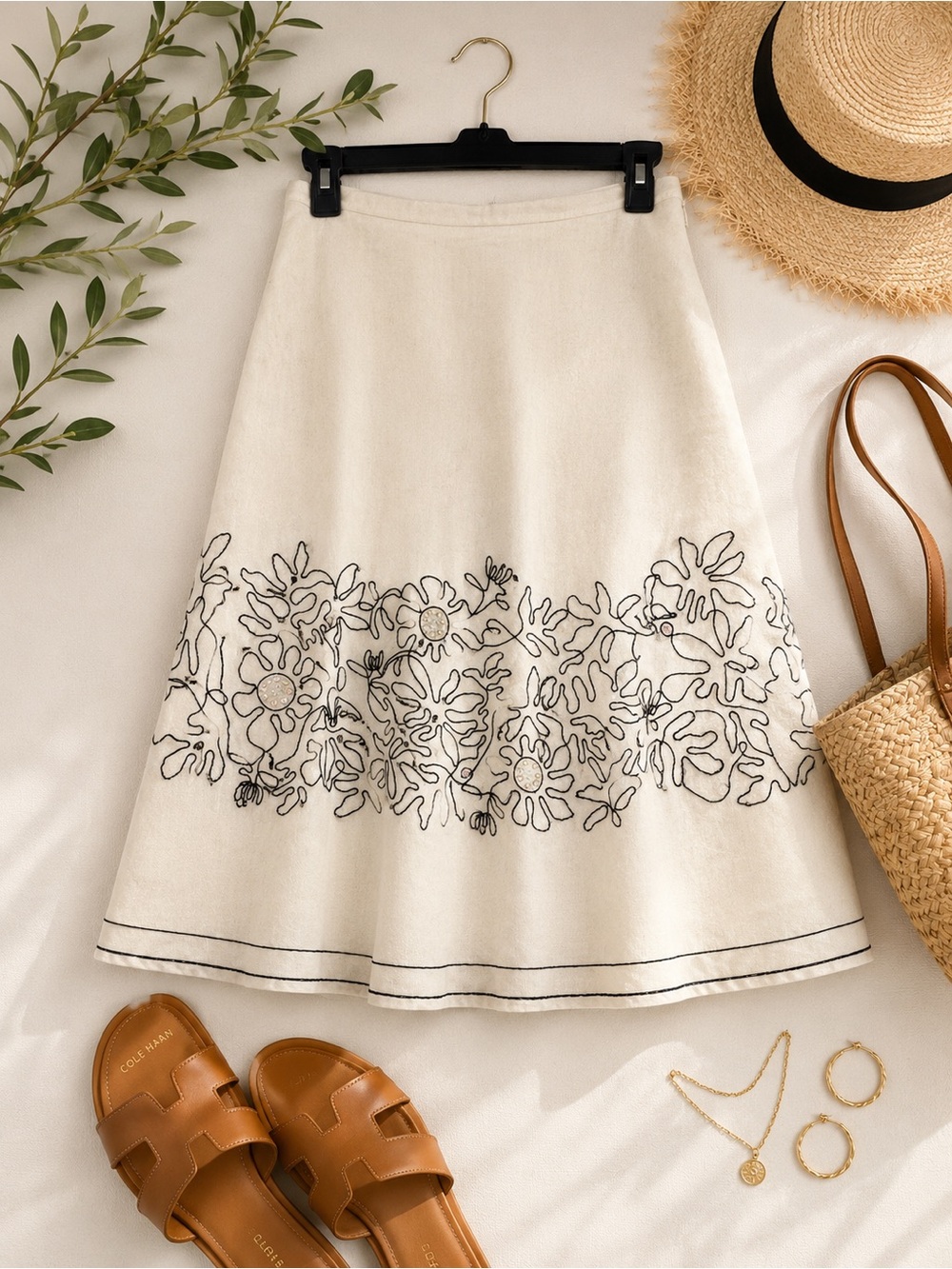 Rafaella Cream A-Line Skirt with Black Floral Embroidery 100% linen